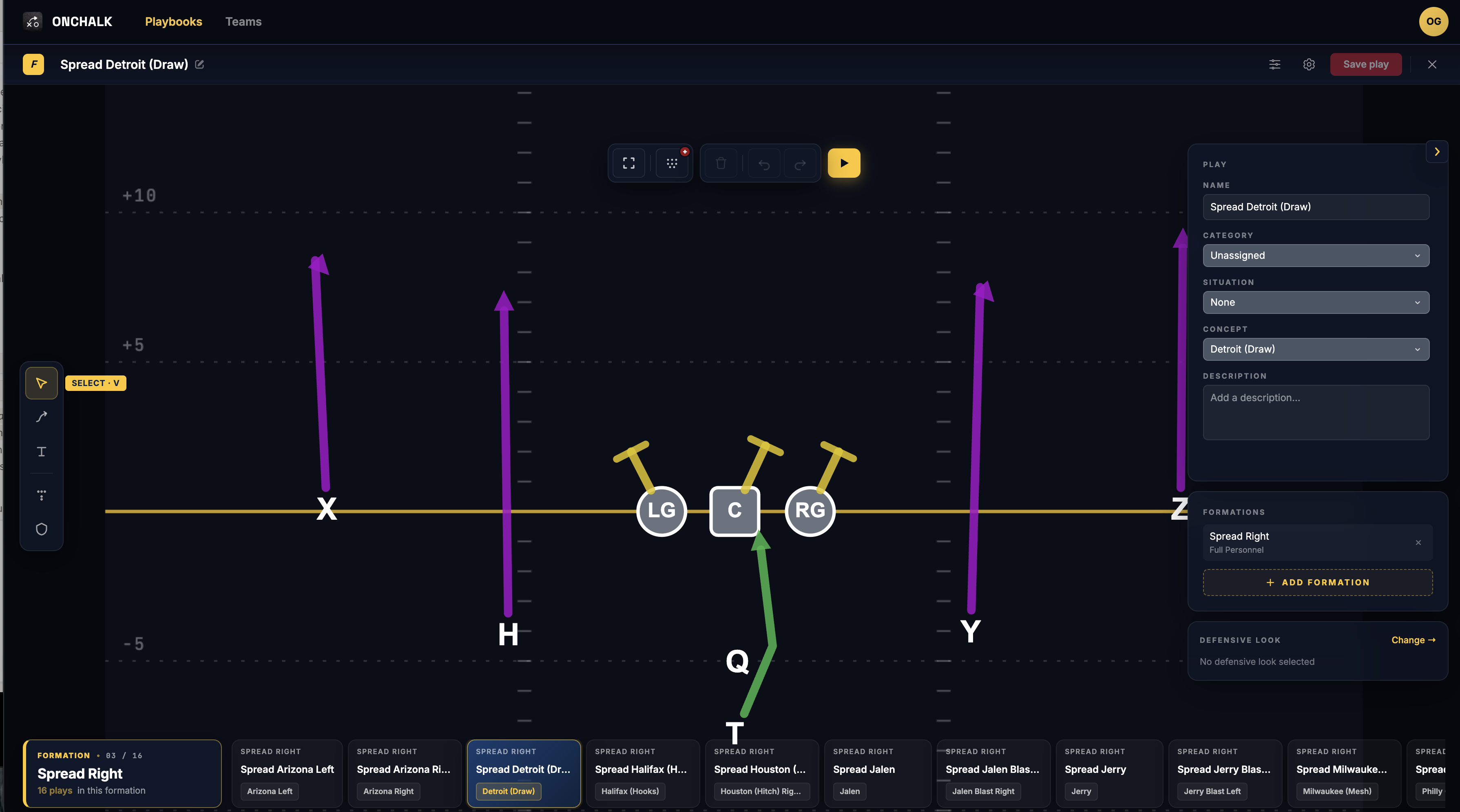 OnChalk play editor showing Spread Detroit Draw