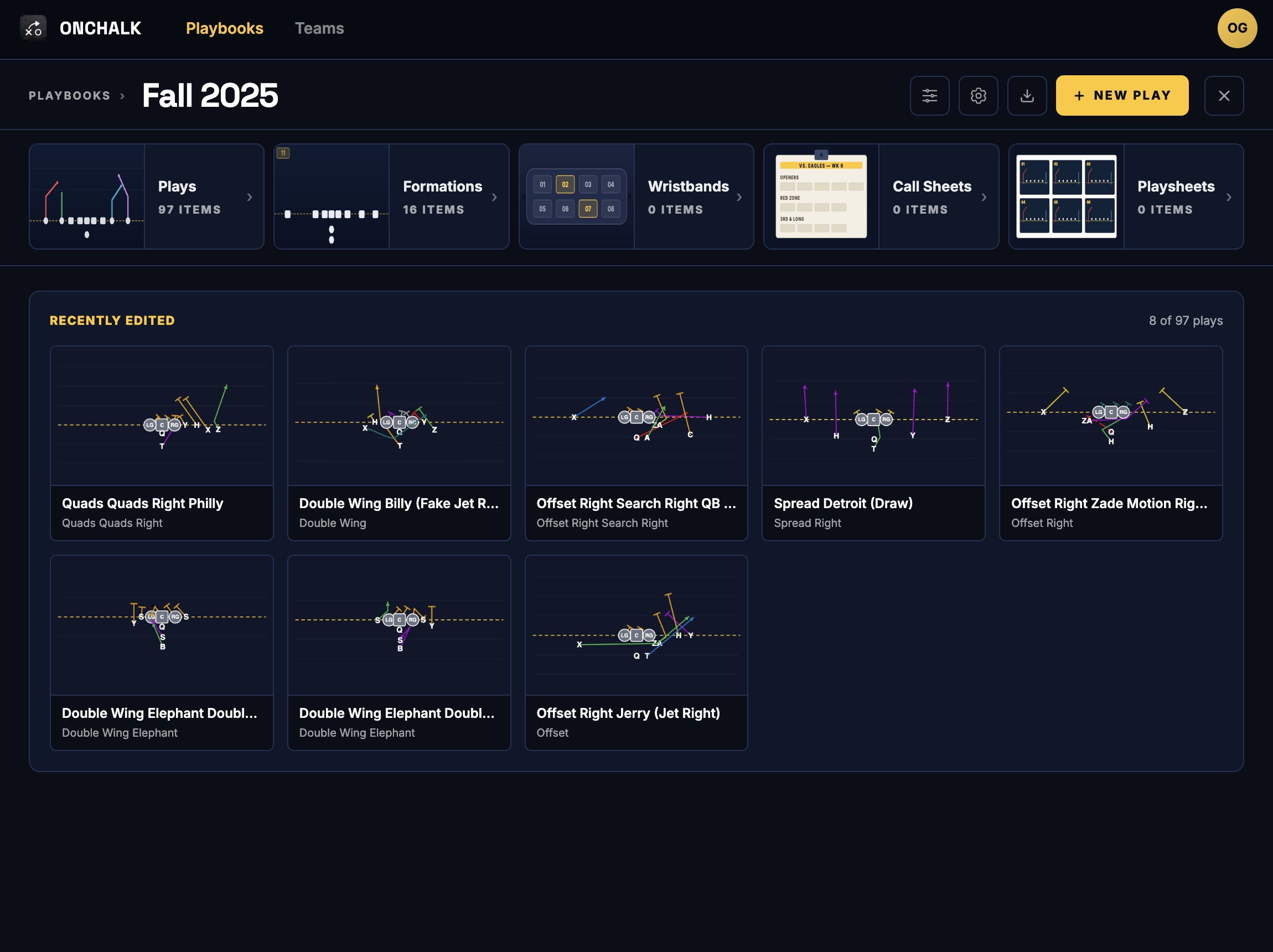OnChalk playbook view showing Fall 2025 with installs, plays, formations, wristbands, call sheets, and playsheets