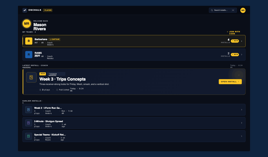 OnChalk player home for Mason Rivera, showing the Barbarians install list