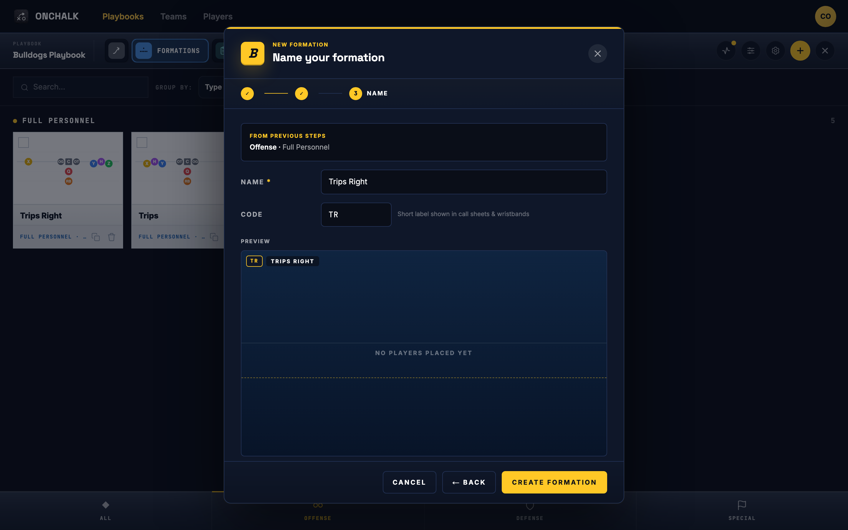 formation create screen in the coach web app