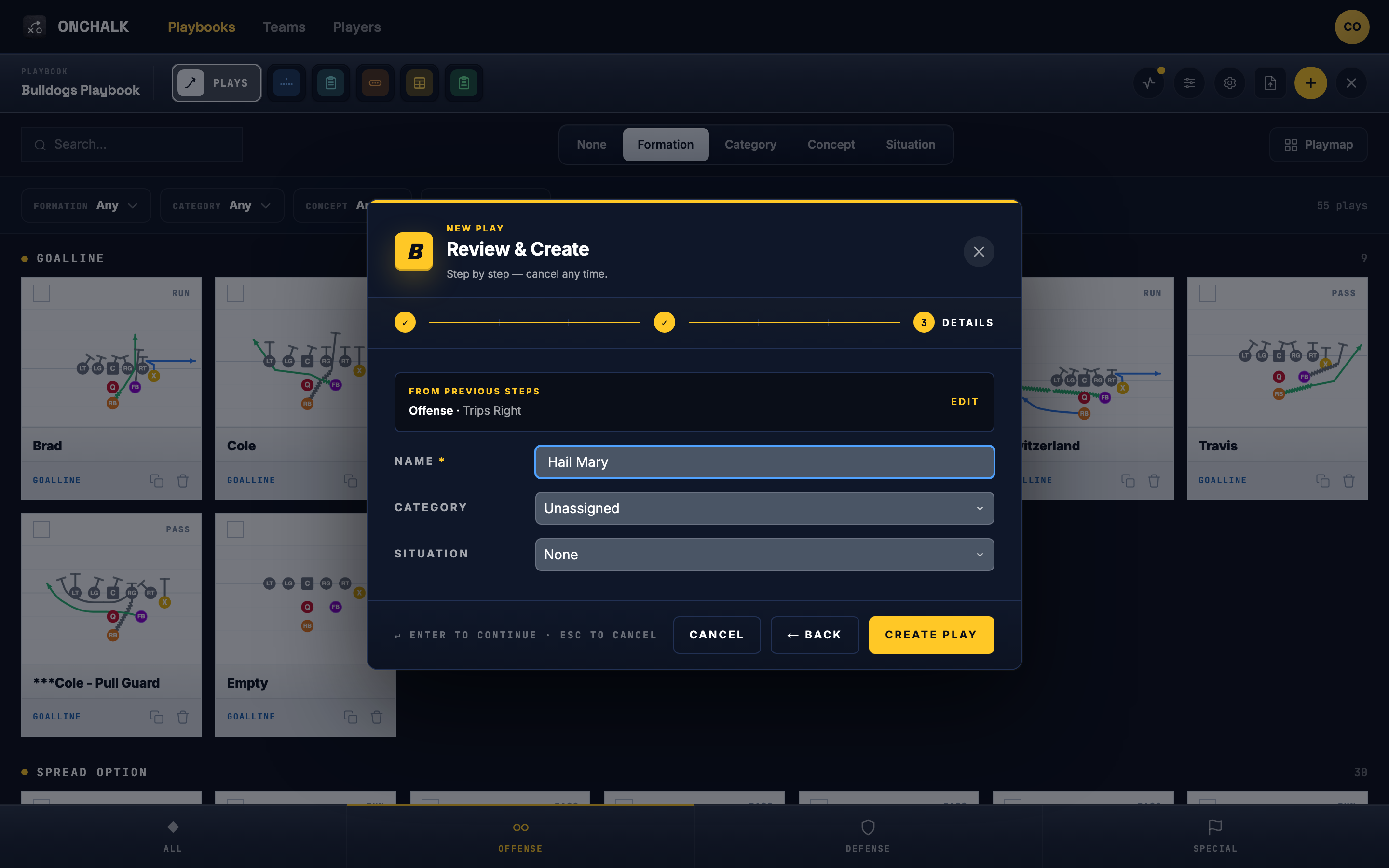 play create screen in the coach web app