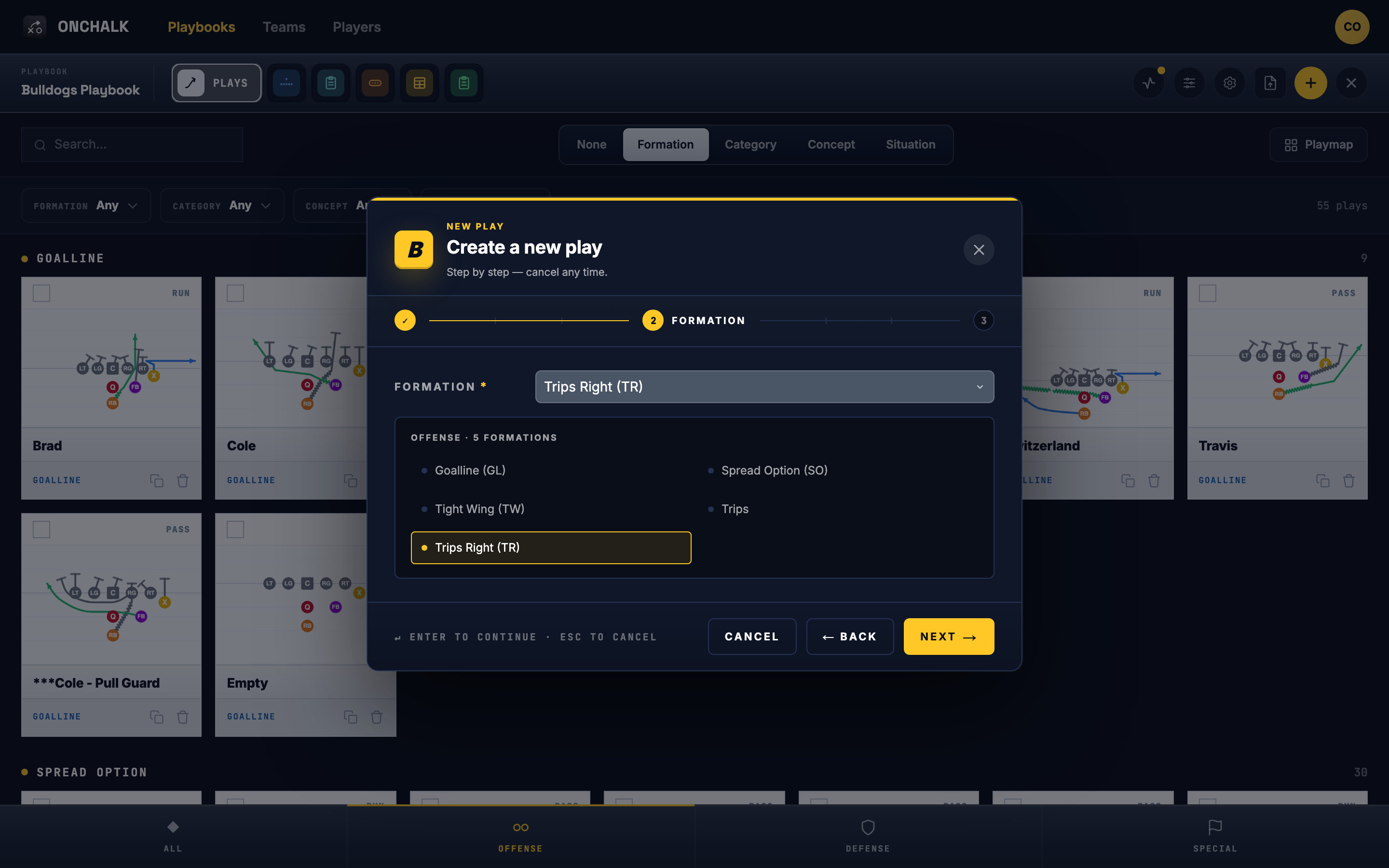 play formation screen in the coach web app