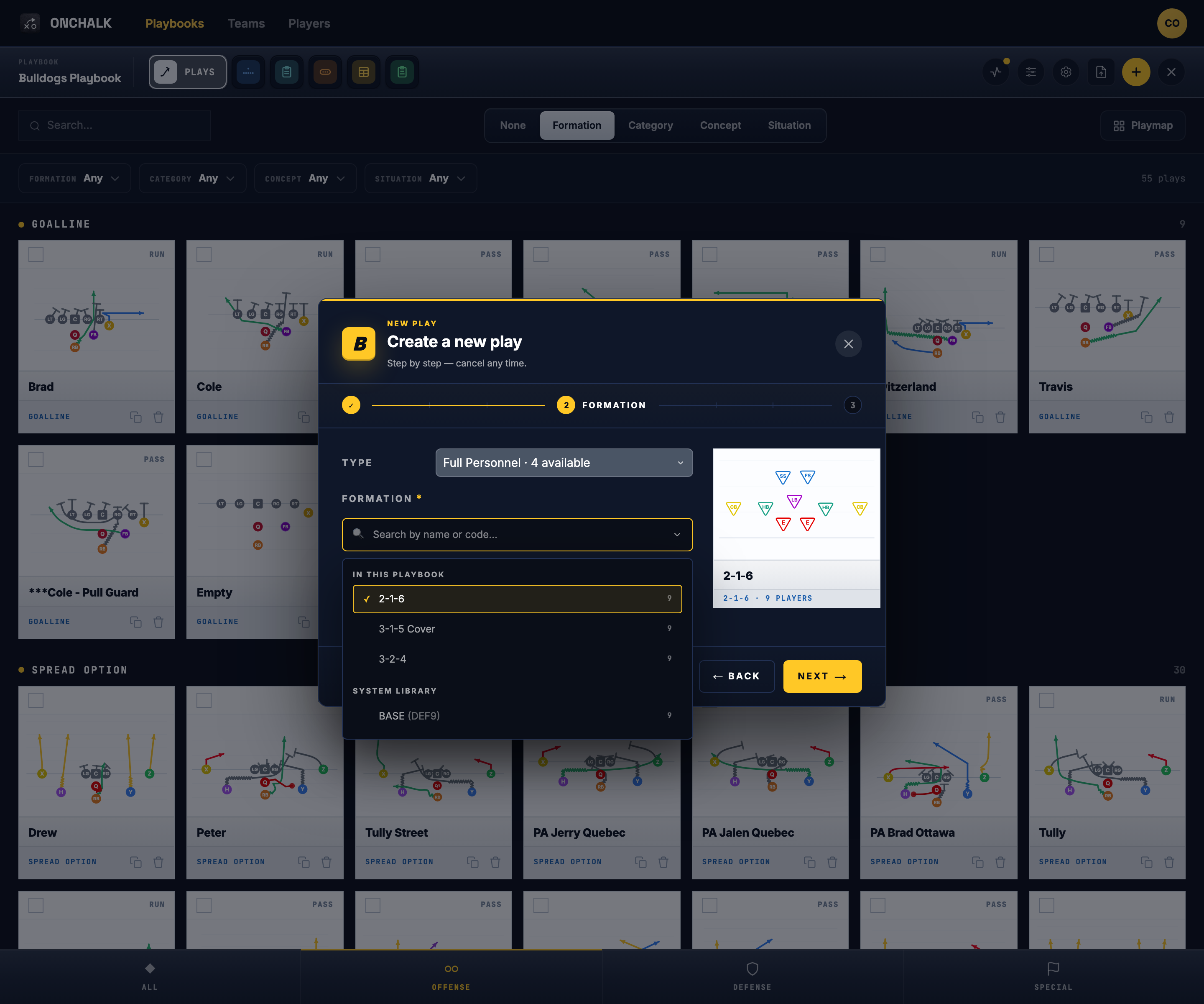 the New Play formation picker for defense, showing the System library BASE formation alongside the playbook's own fronts