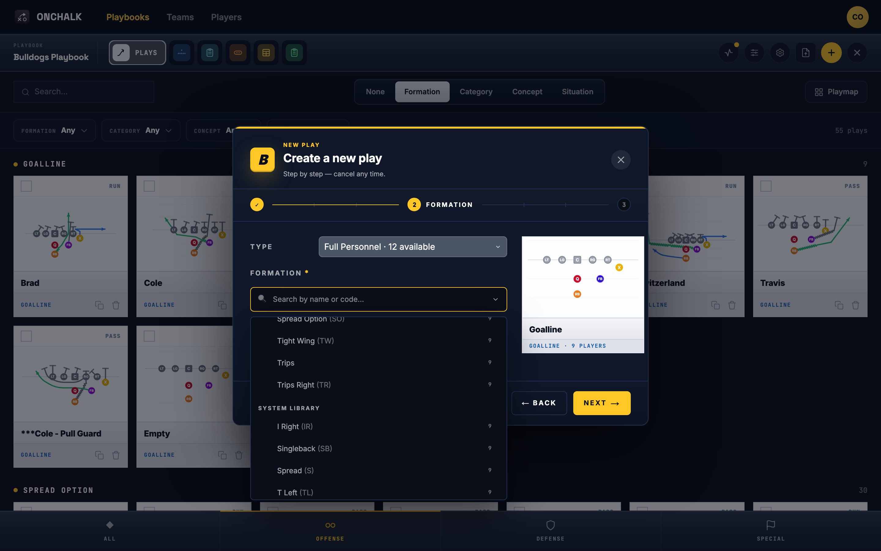 the New Play formation picker showing the System library group in the coach web app