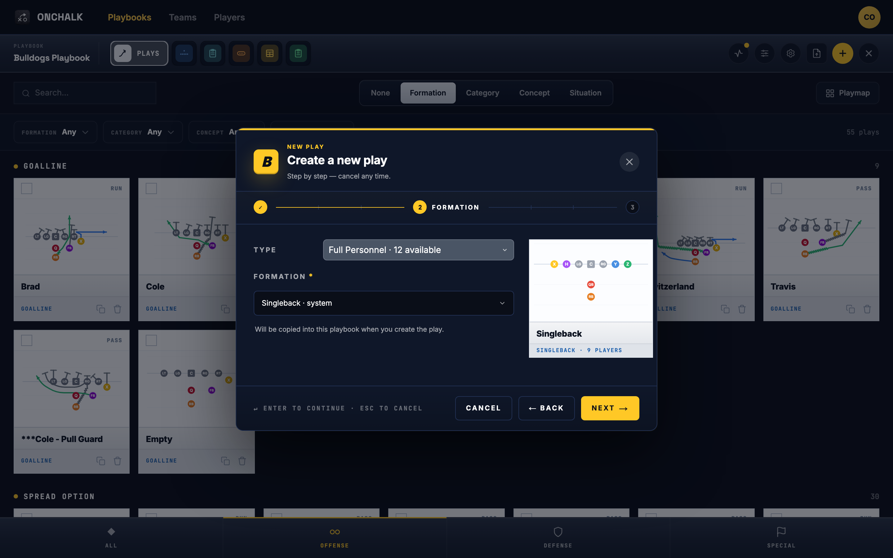 a System library formation selected in the New Play wizard, showing it will be copied into the playbook
