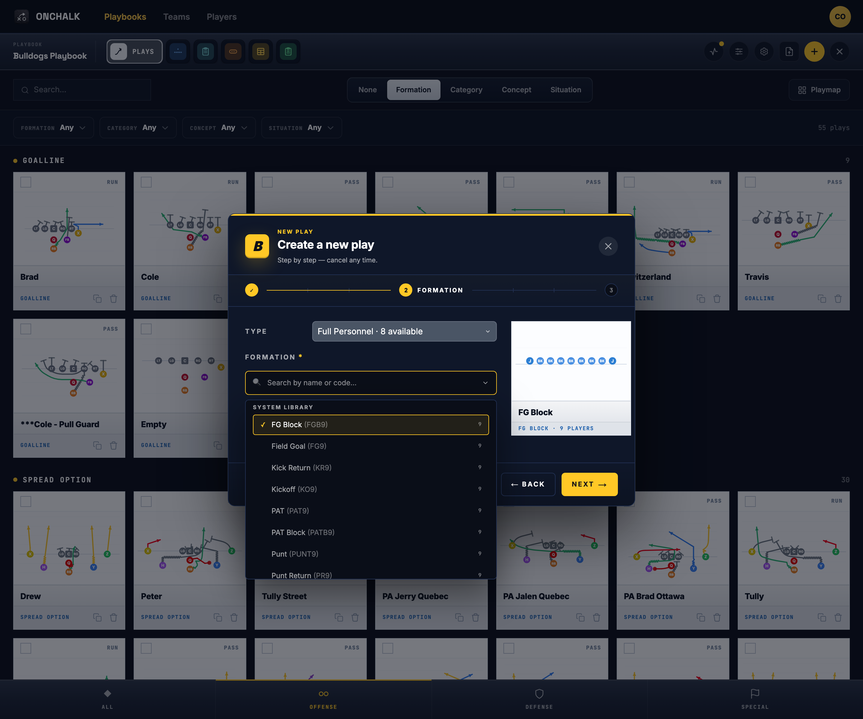 the New Play formation picker for special teams, showing punt, kickoff, field goal, return and PAT formations in the System library