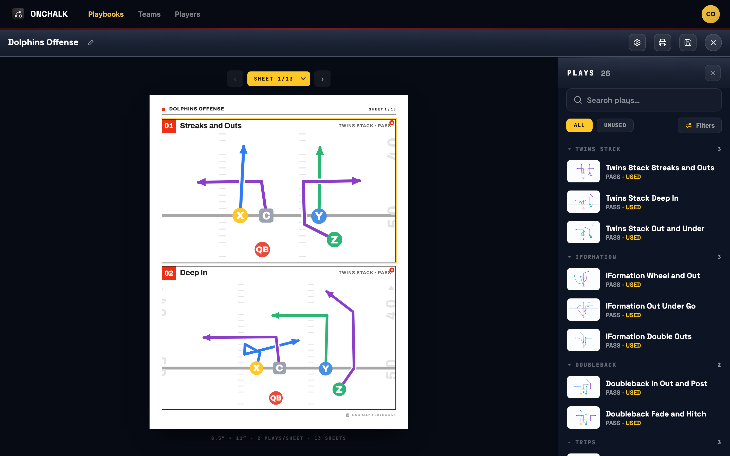 the OnChalk playsheet editor with the plays panel open on the right, listing plays grouped by formation with Used badges, beside a two-up portrait sheet
