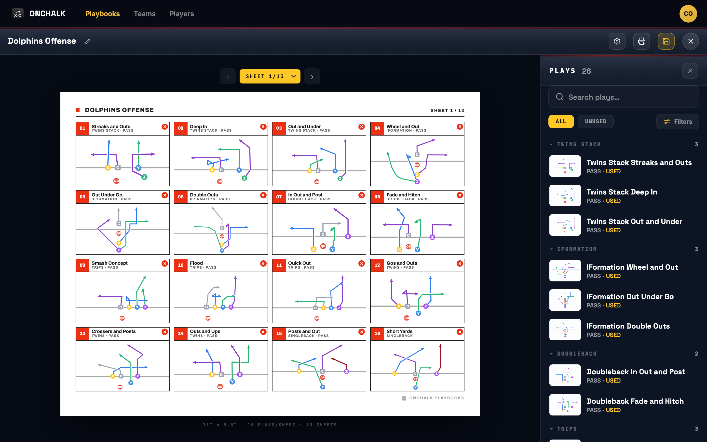 the OnChalk playsheet editor showing a 4-by-4 grid of sixteen play diagrams under the heading Dolphins Offense, with the plays panel open on the right