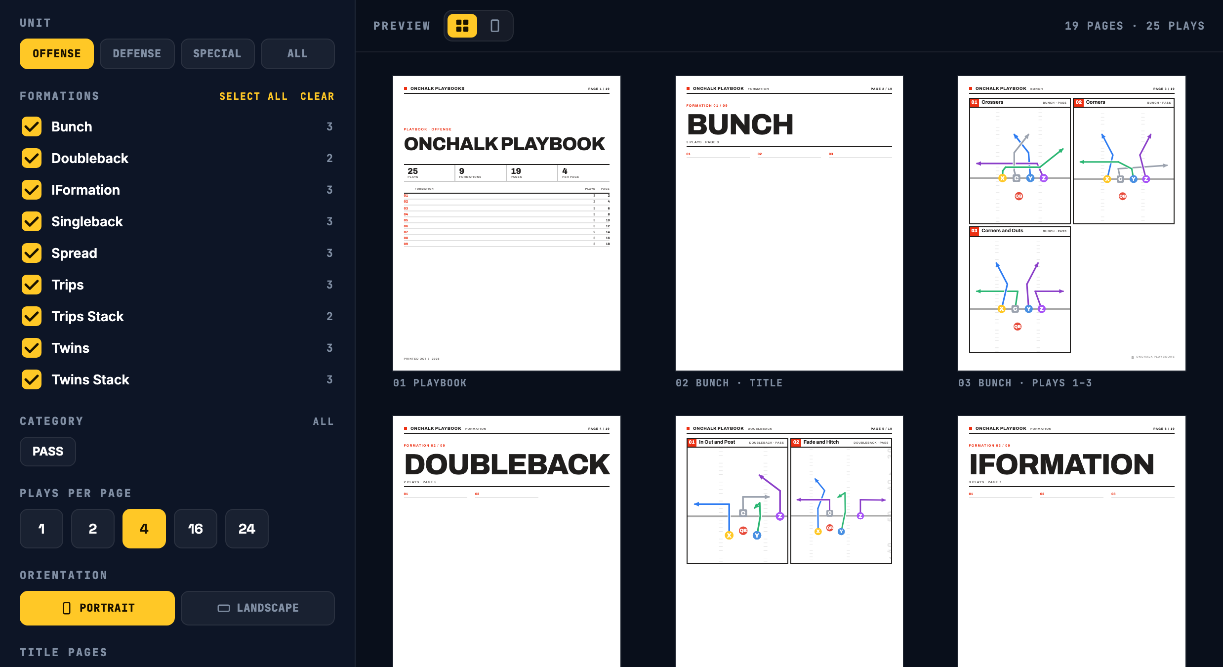 the OnChalk Quick Print dialog with formation filters on the left and a live multi-page print preview on the right