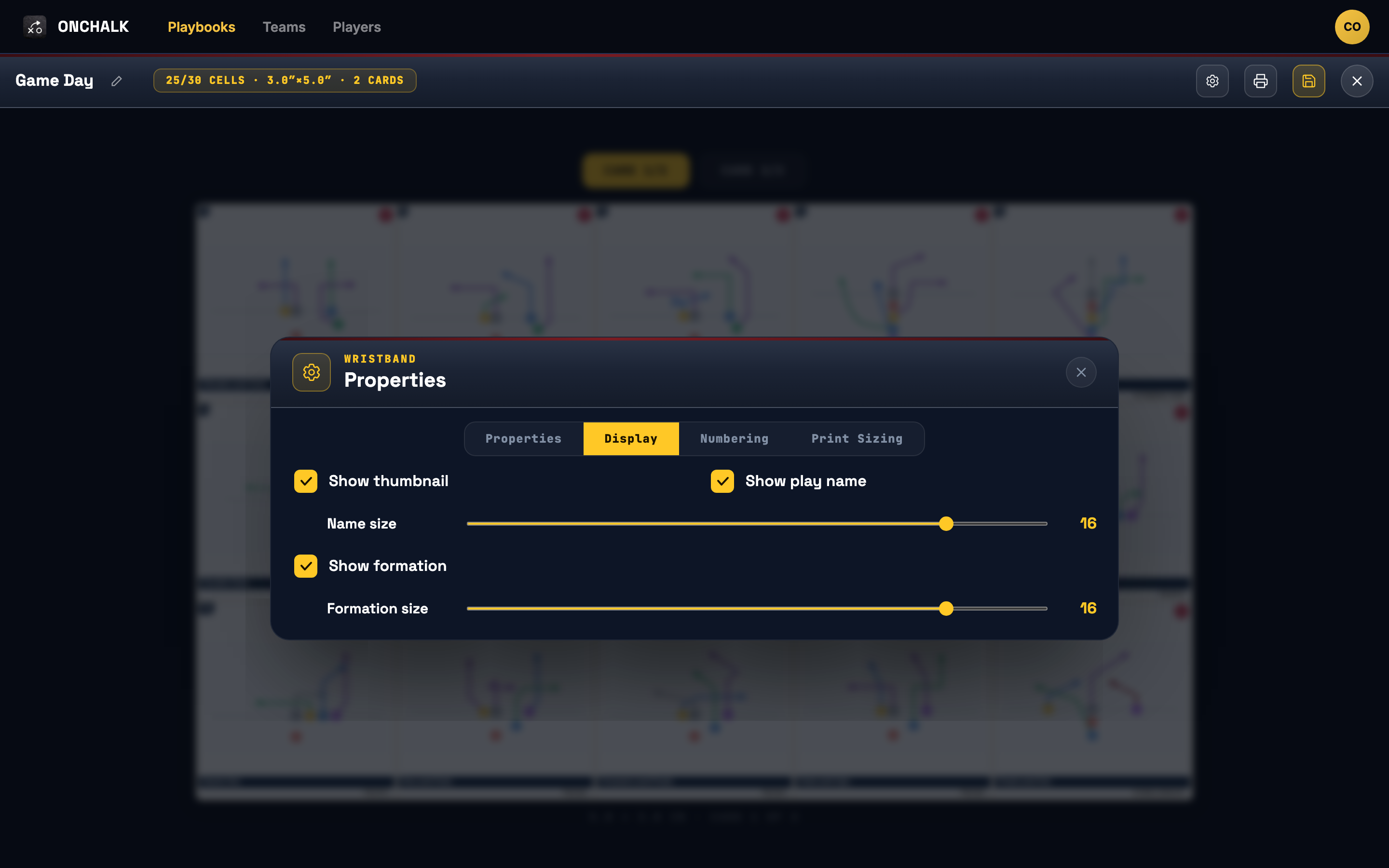 the OnChalk wristband Display settings with Show thumbnail, Show play name, and Show formation toggled on