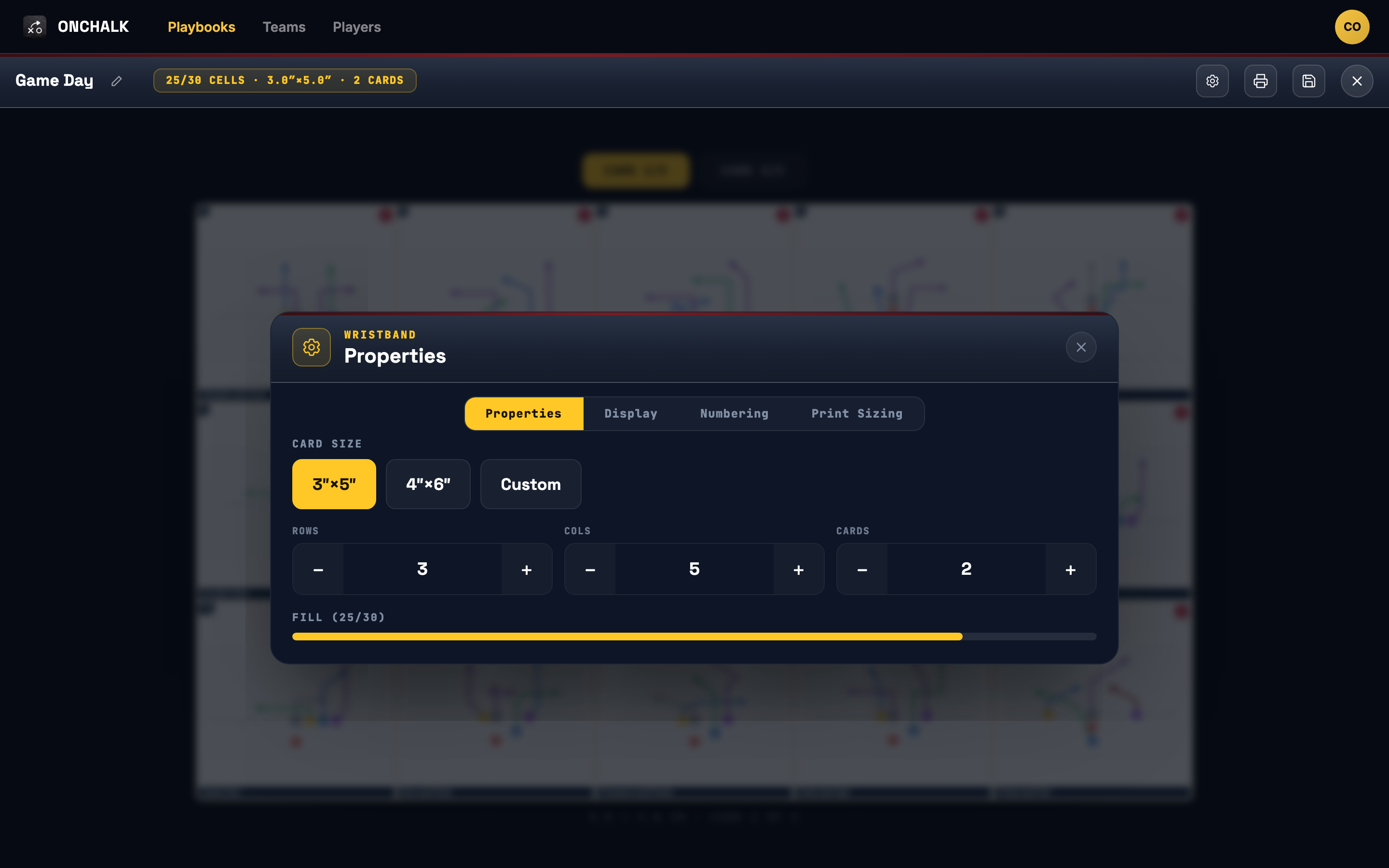 the OnChalk wristband Properties dialog showing Card Size options 3 by 5, 4 by 6, and Custom with Rows, Cols and Cards steppers